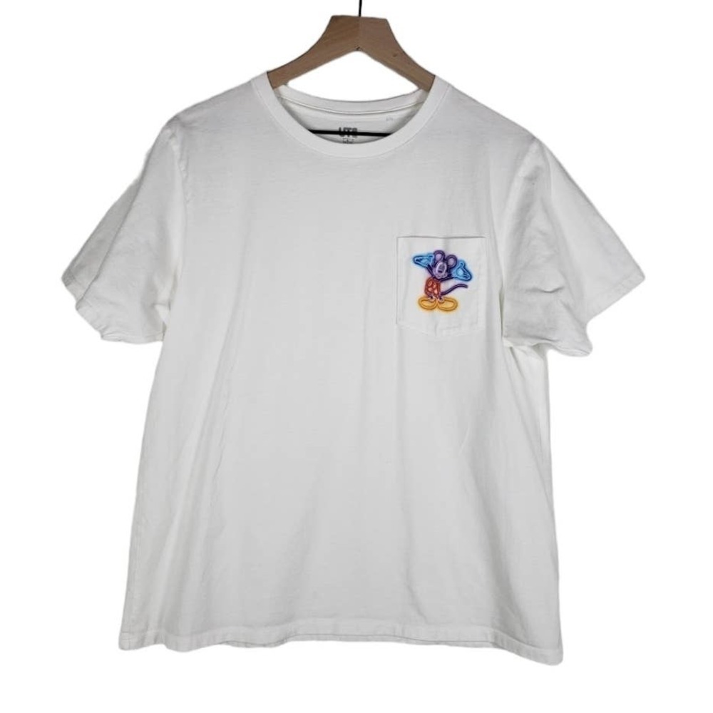 Uniqlo Disney Mickey‎ Mouse Neon Light Pocket Tee L White Short Sleeve